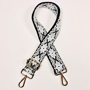 Woven western/Aztec thick embroidered black gray bag guitar strap gold-tone boho